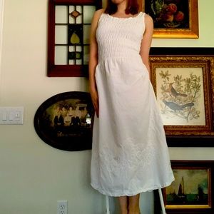 Vintage smocked white cotton dress, embroidered